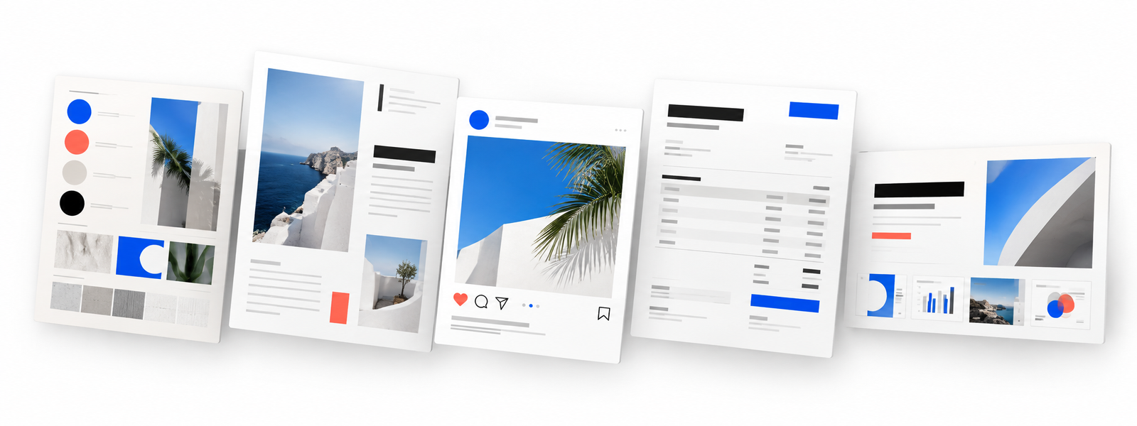 Mockups av varumärkessystem och brevpapper i blått och vitt
